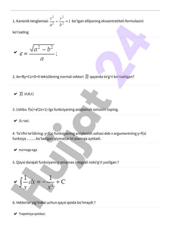 Matematika fanni bo‘yicha test savollari