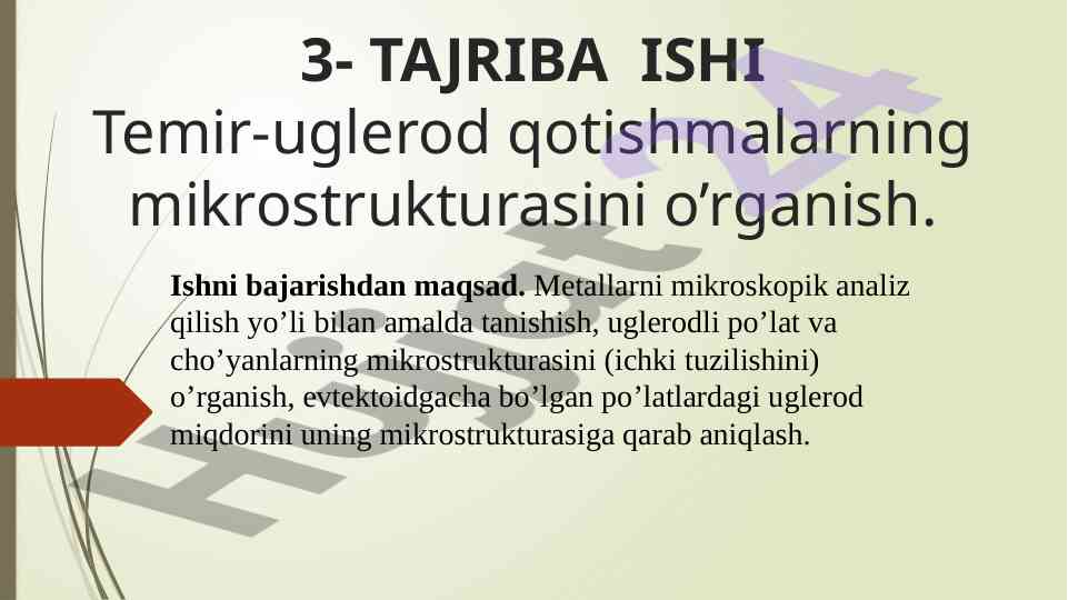 Temir-uglerod qotishmalarning mikrostrukturasini o’rganish