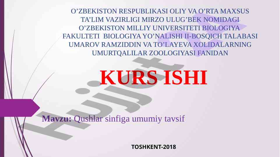 Qushlar sinfiga umumiy tavsif bo'yicha kurs ishlari