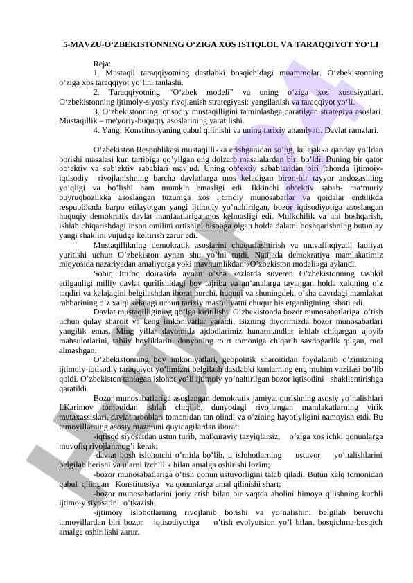 O'zbekistonning O'ziga Xos Istiqlol Va Taraqqiyot Yo'li