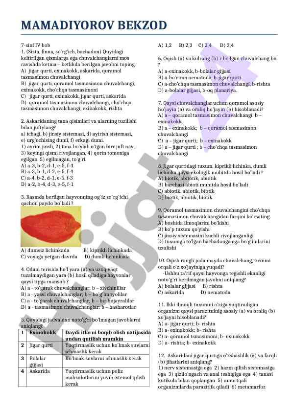 7-sinf biologiya testi osmon qismlarini o‘rgatish