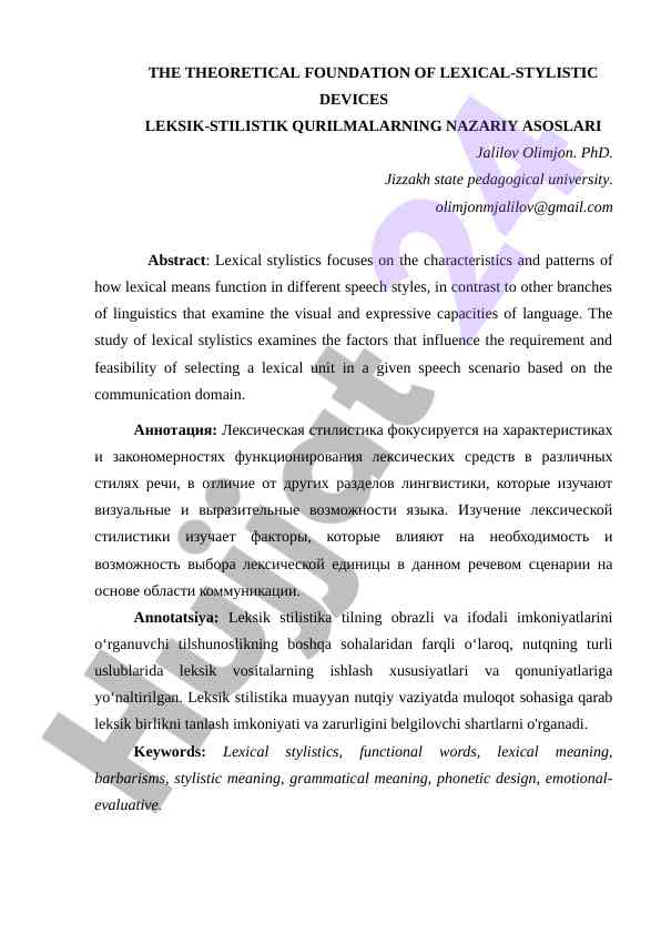 Leksik-Stilistika Qurilmalarining Nazariy Asoslari