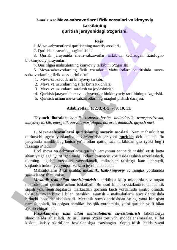 Meva-sabzavotlarning quritish jarayoni xossalari
