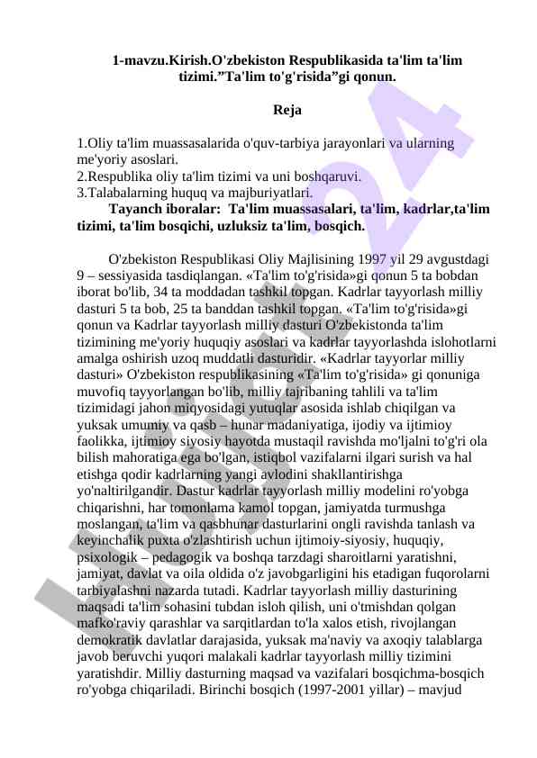 O'zbekiston ta'lim tizimi qonuniy asoslari