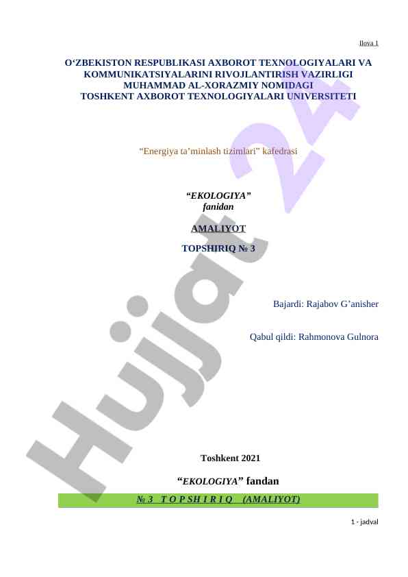 Energiya ta'minlash tizimlari fanidan amaliyot topshiriq