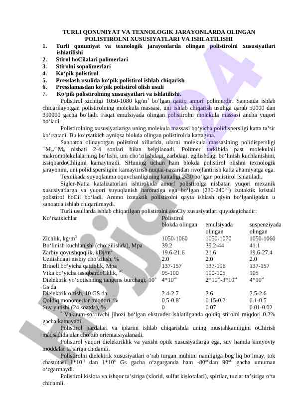 Polistirolning xususiyatlari va ishlatilishi