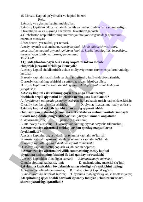 Kapital qo'yilmalar va kapital bozori mavzusi