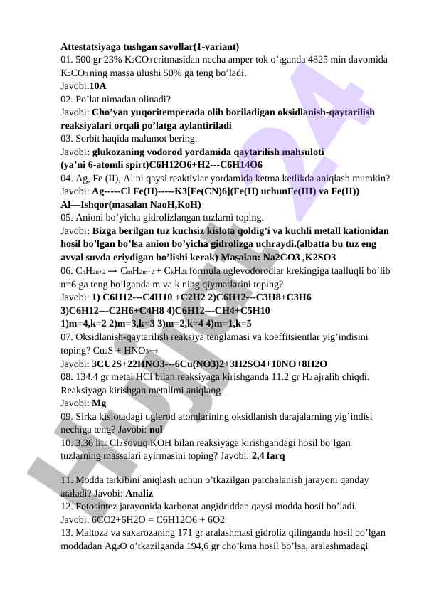 Attestatsiya savollari 1-variant biologiya fani