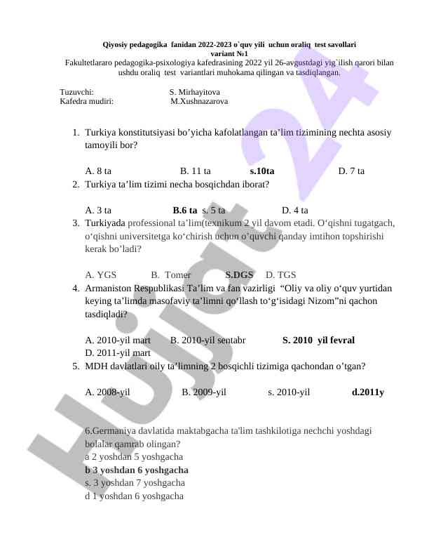 Qiyosiy pedagogika fanidan oraliq test savollari
