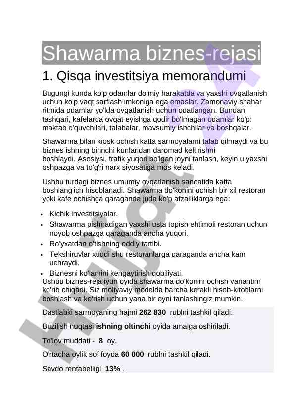 Shawarma biznes-rejasi asoslari va strategiyalari