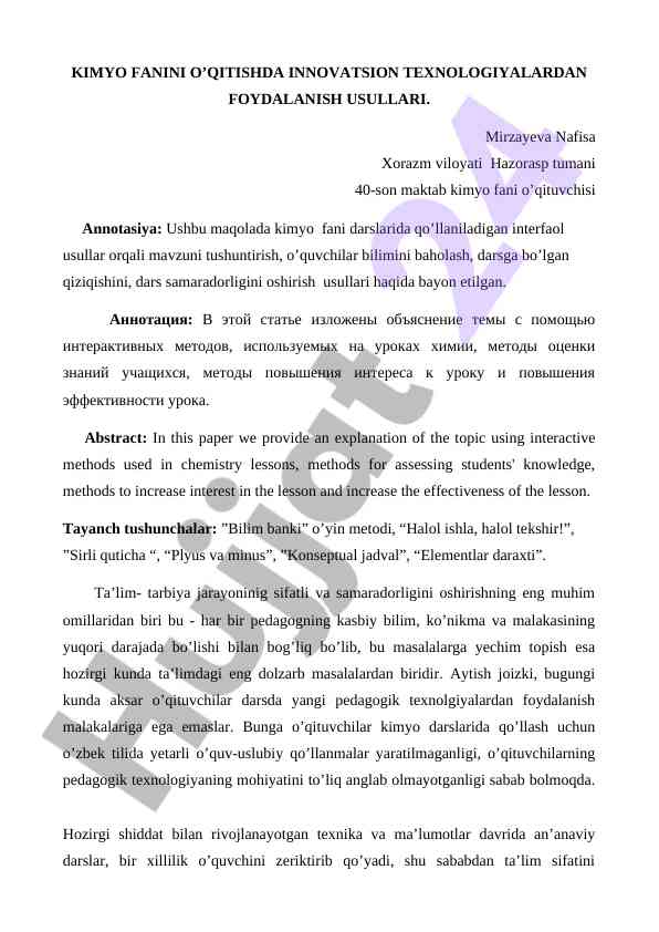 Kimyo fanini o’qitishda innovatsion texnologiyalar