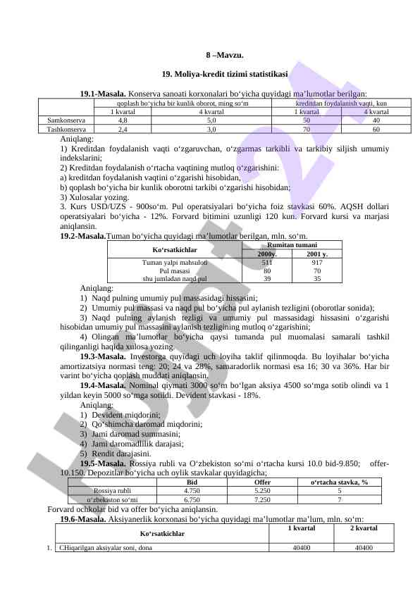 Moliya kredit tizimi statistikasi