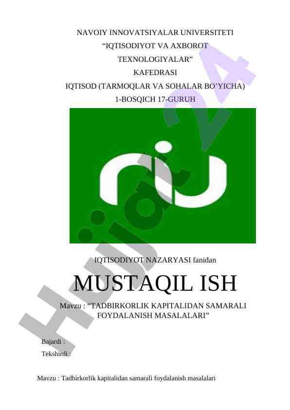 Tadbirkorlik kapitalidan samarali foydalanish masalalari
