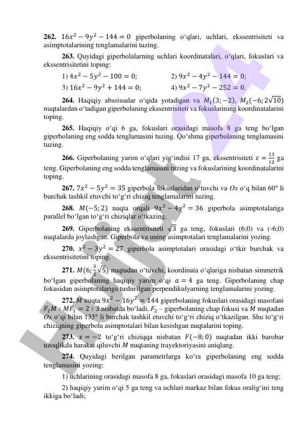Giperbolalar tenglamalari va asimptotalar