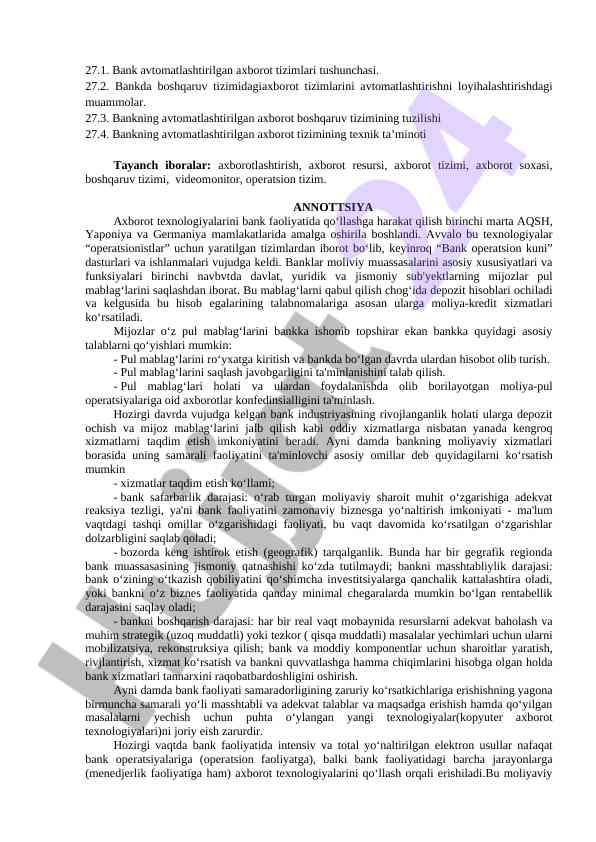 Bank avtomatlashtirilgan axborot tizimlari