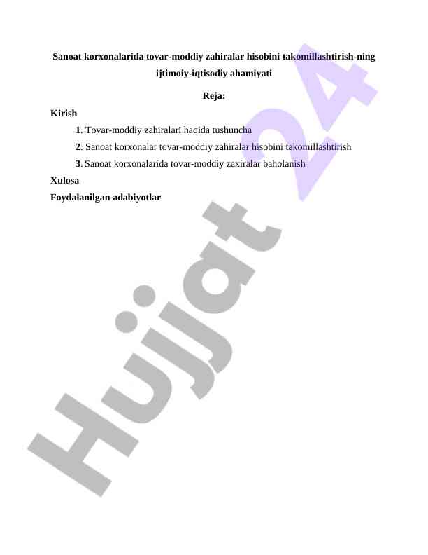 Sanoat Korxonalarida Tovar-Moddiy Zahiralar Hisobi