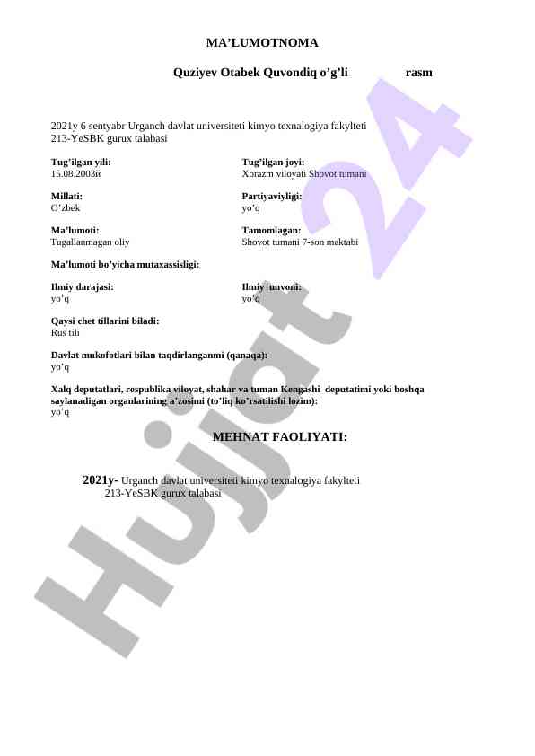 Kimyo Texnologiyalari Bo'yicha Talabalar Malumotnomasi