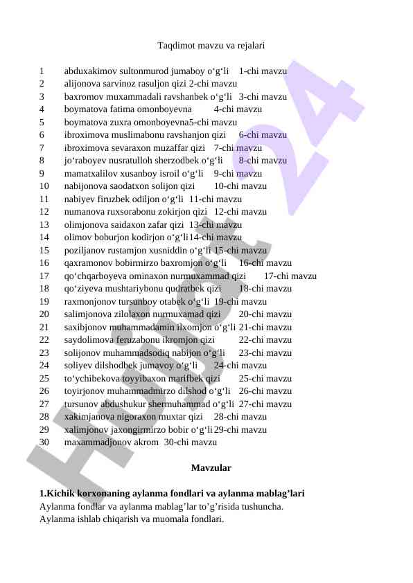 Taqdimot mavzulari va rejalari