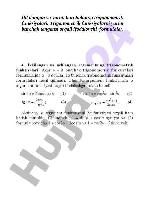 Trigonometrik funksiyalarning ikkilangan va yarim burchagi