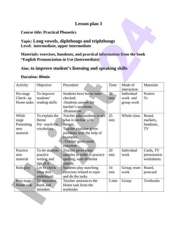 Practical phonetics lesson plan for intermediate level