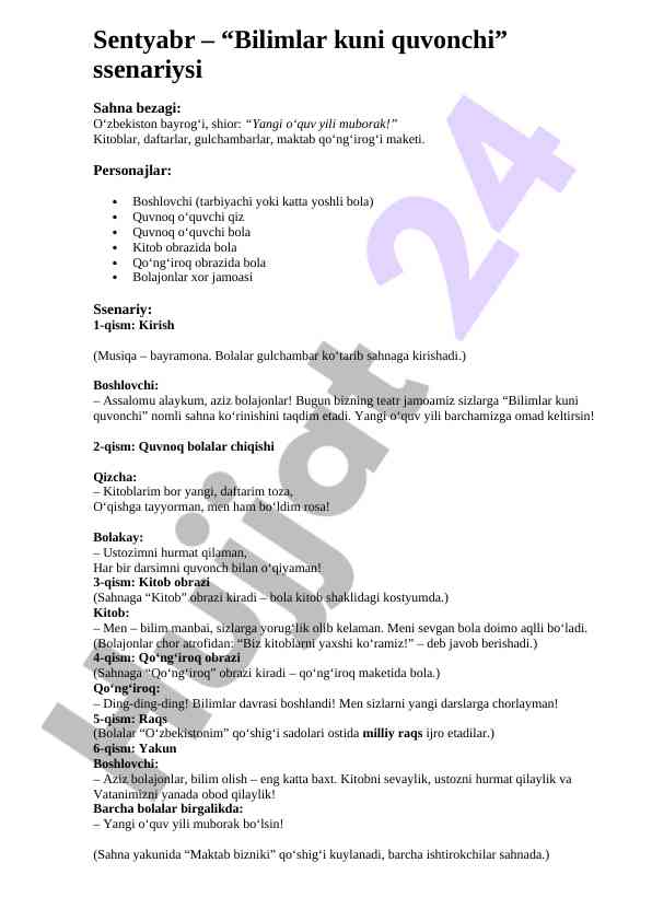 Bilimlar kuni quvonchi ssenariysi