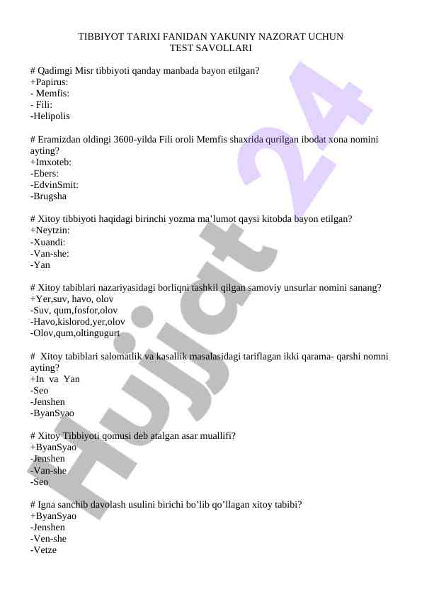 Tibbiyot tarixi fanidan yakuniy nazorat savollari