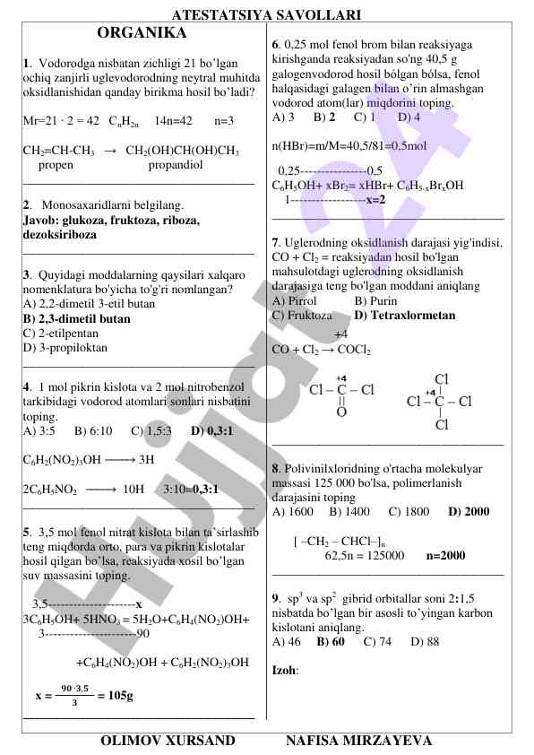 Organik kimyo test savollari va javoblari