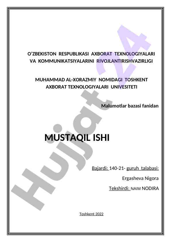 Ma’lumotlar bazasi fanidan mustaqil ish