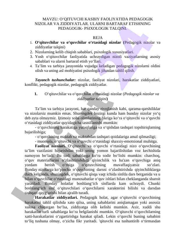 O‘qituvchi kasbiy faoliyatida pedagogik nizolar