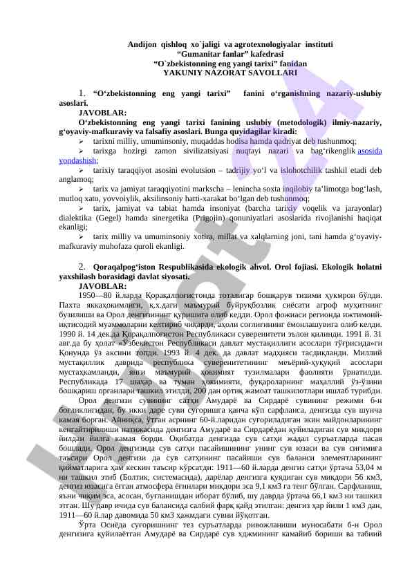 O‘zbekistonning eng yangi tarixi fanidan nazorat savollari