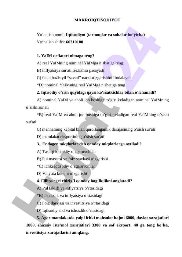 Makroiqtisodiyot test savollari