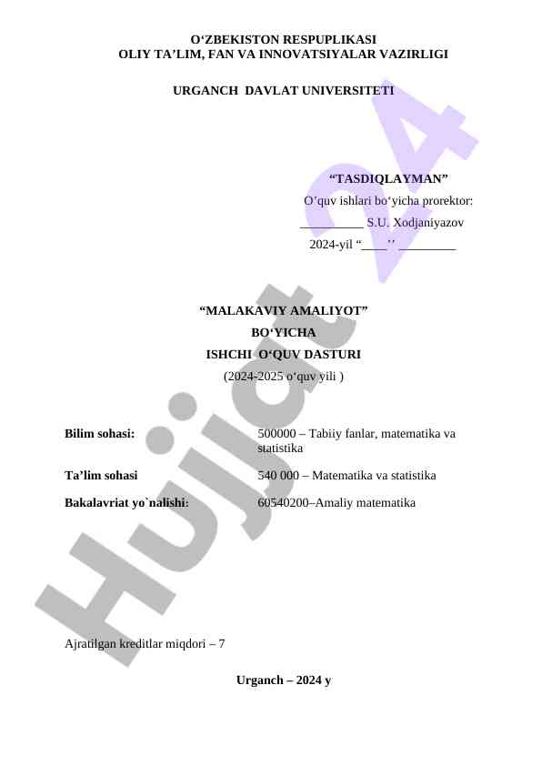 Malakaviy amaliyot ishchi o‘quv dasturi 2024-2025