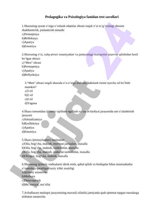 Pedagogika va psixologiya fanidan test savollari