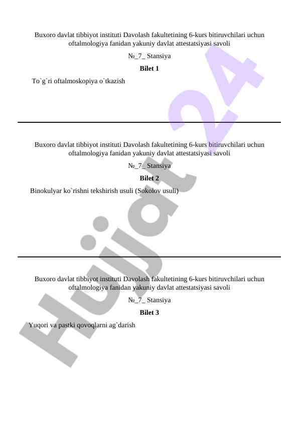 Oftalmologiya fanidan davlat attestatsiyasi savollari