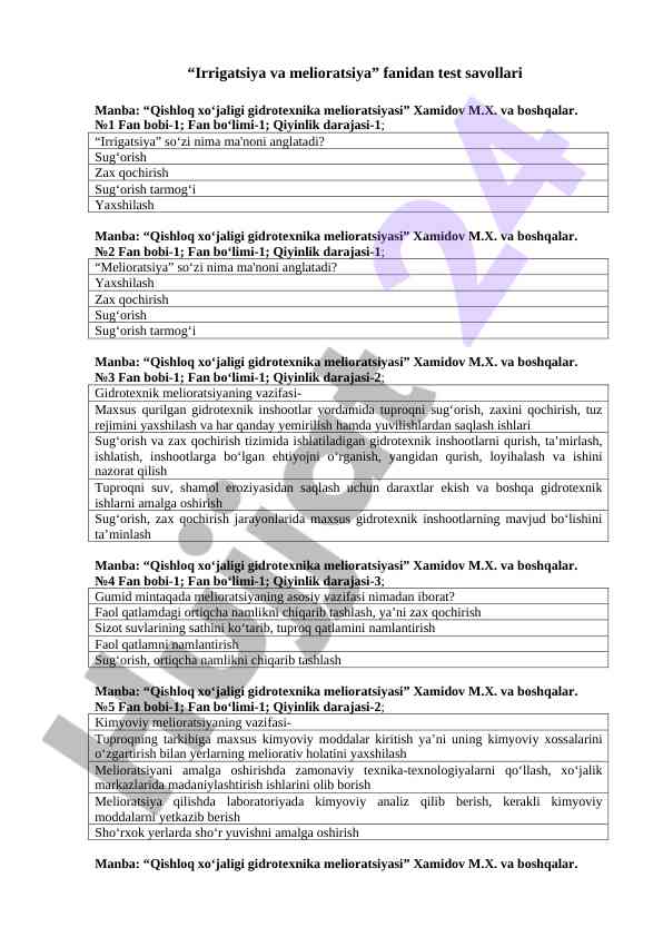 Irrigatsiya va melioratsiya fanidan test savollari