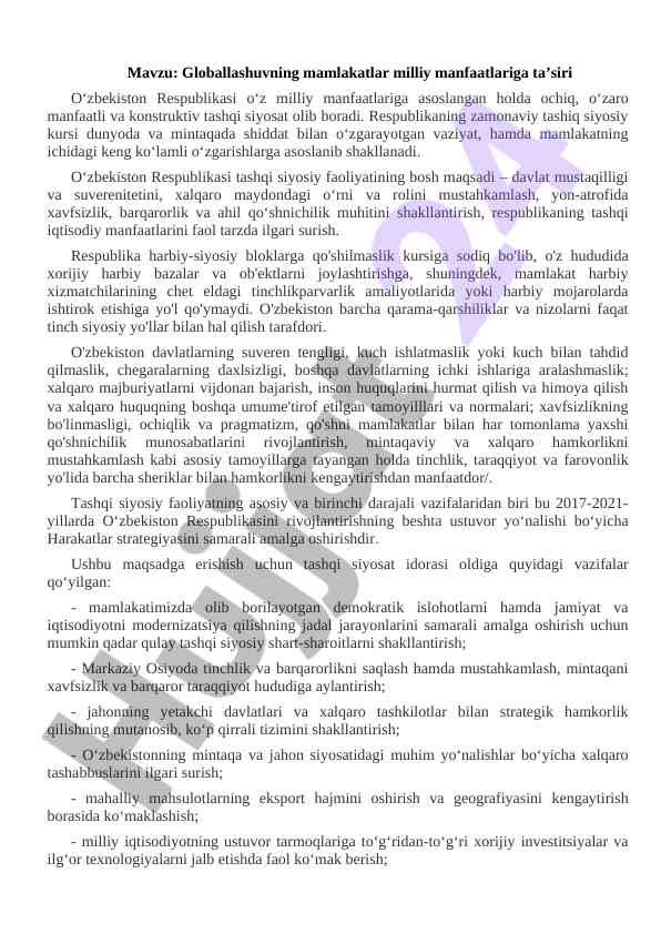 Globallashuv va milliy manfaatlar tahlili o‘zbekiston