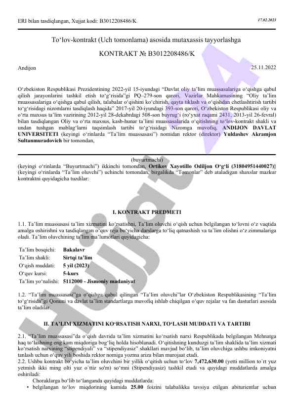 To‘lov-kontrakt shartnomasi asosida mutaxassis tayyorlash