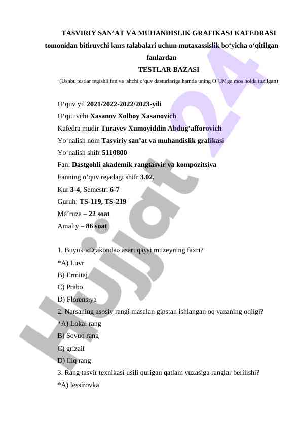 Tasviriy san'at va muhandislik grafikasi testlar