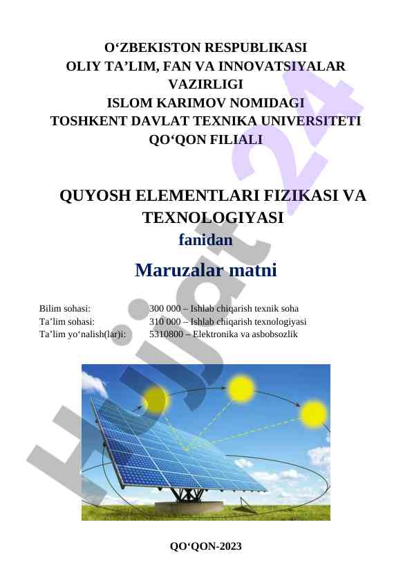Quyosh elementlari fizikasi va texnologiyasi o‘quv uslubi