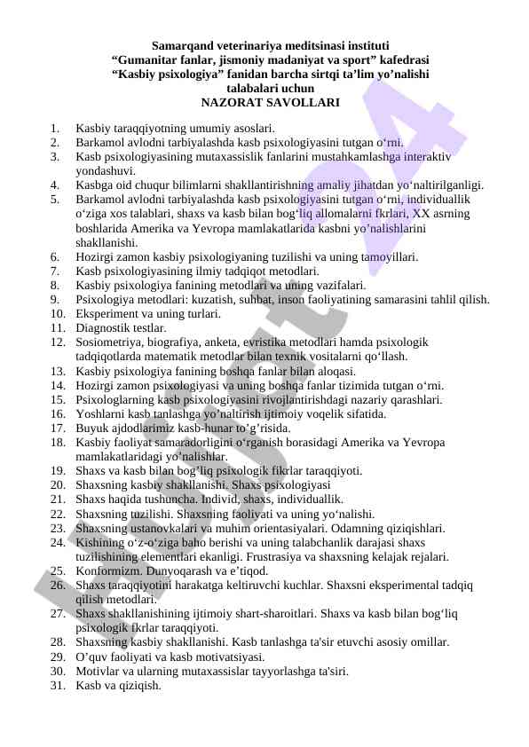 Kasbiy psixologiya ta'limiga nazorat savollari
