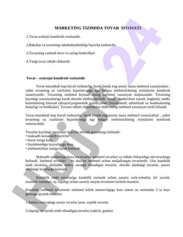 Marketing tizimida tovar siyasati tahlili