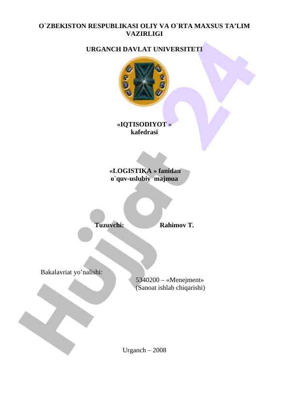 Logistika fanidan o‘quv-uslubiy majmua
