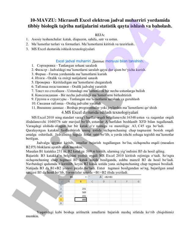 Tibbiy biologik tajriba natijalarini qs excelda qayta ishlash