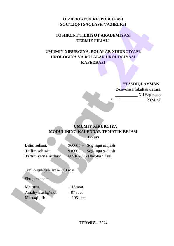 Umumiy xirurgiya modulining kalendar tematik rejasi