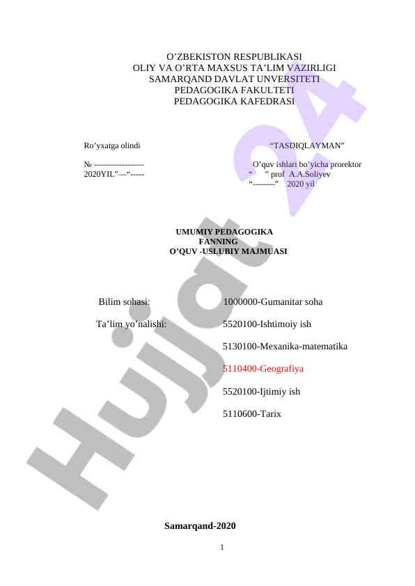 Umumiy pedagogika fanning o'quv-uslubiy majmua
