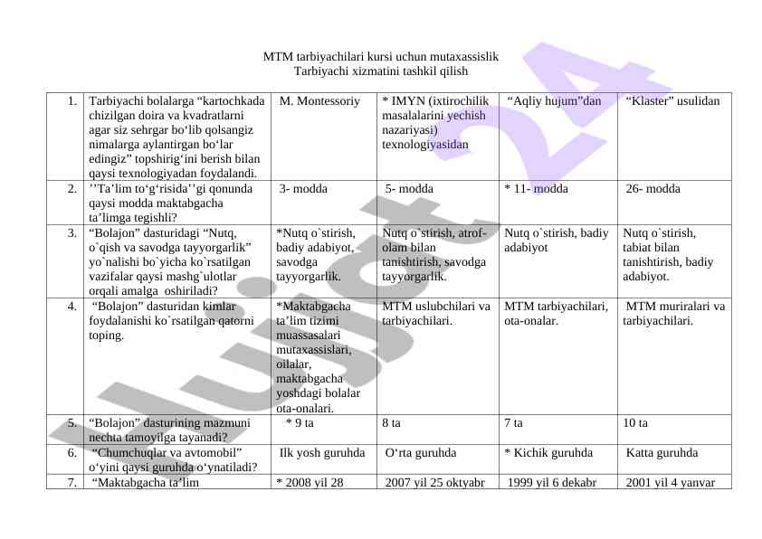 Tarbiyachi xizmatini tashkil qilish kursi