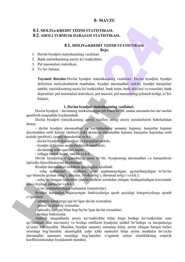 Moliya-kredit tizimi statistikasi va aholi turmush darajasi