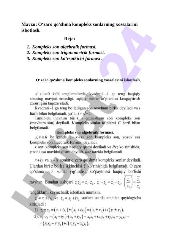 O'zaro qo'shma kompleks sonlarning xossalari