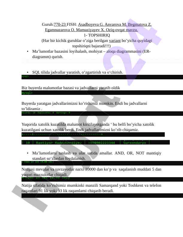Ma’lumotlar bazasi loyihalash va sql amallari