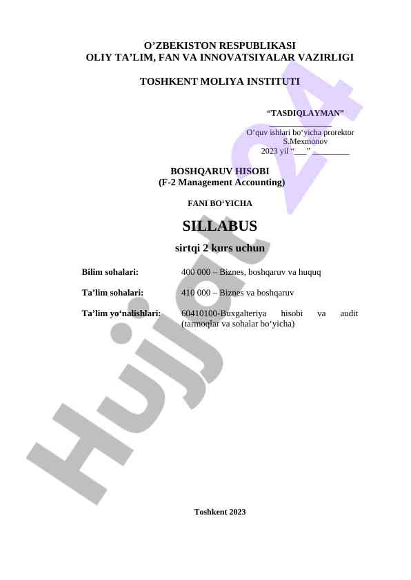 Boshqaruv hisobi fani sillabusi 2023/2024 o‘quv yili